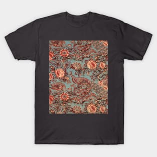 PEACOCKS AND RED PINK ROSES IN BLUE PAISLEY PATTERN T-Shirt